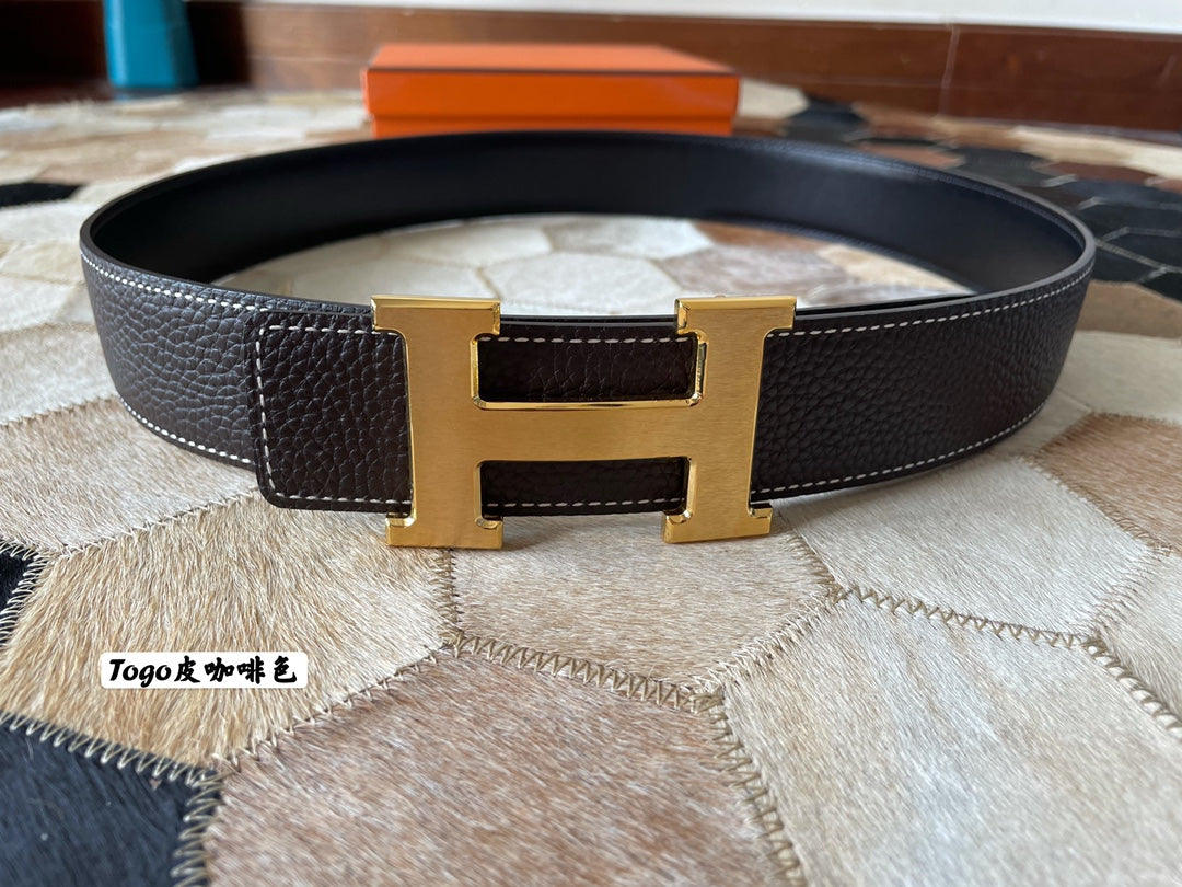 HELENE CONSTANCE REVERSIBLE LEATHER BELT — CHOCOLATE BROWN (GOLD HARDWARE, 38MM)