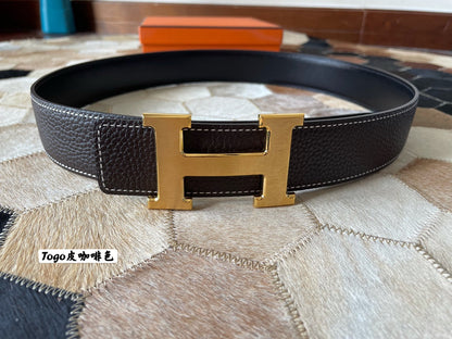 HELENE CONSTANCE REVERSIBLE LEATHER BELT — CHOCOLATE BROWN (GOLD HARDWARE, 38MM)
