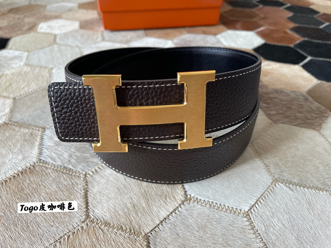 HELENE CONSTANCE REVERSIBLE LEATHER BELT — CHOCOLATE BROWN (GOLD HARDWARE, 38MM)