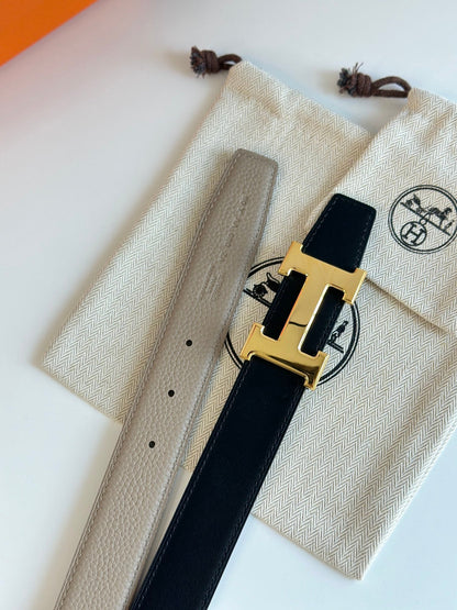 HELENE H WENDBARER LEDERGÜRTEL — BEIGE &amp; SCHWARZ (GOLD-BESCHLÄGE, 32 MM)