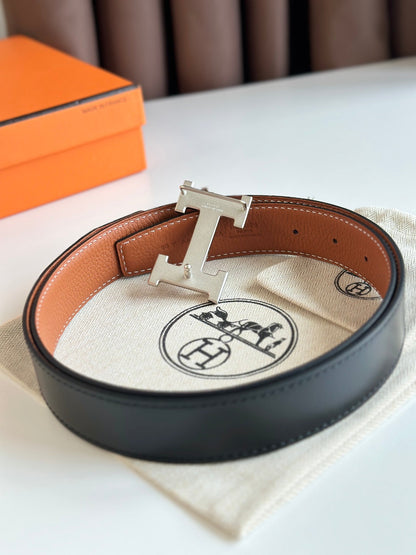 HELENE H WENDBARER LEDERGÜRTEL — BRAUN &amp; SCHWARZ (SILBERNE BESCHLÄGE, 32 MM)