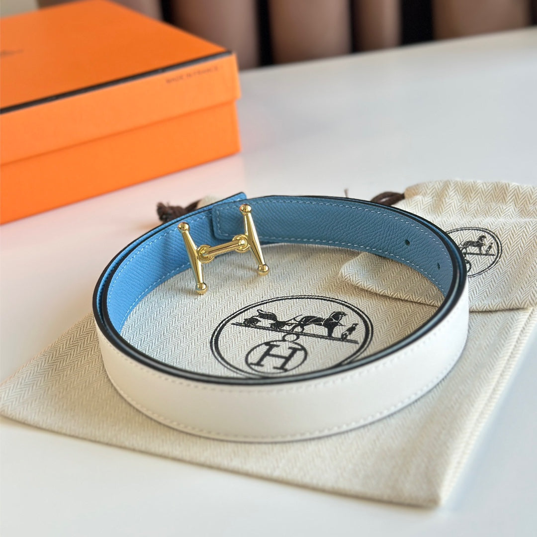 HELENE MORS H WENDBARER LEDERGÜRTEL — BLAU &amp; WEISS (GOLD-BESCHLÄGE, 24 MM)