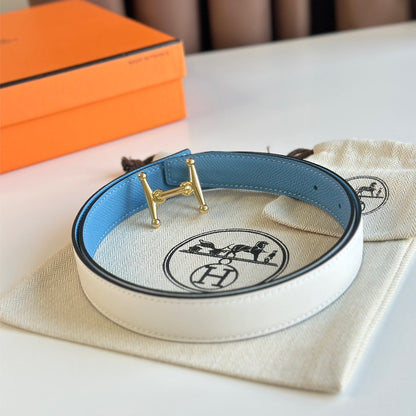 HELENE MORS H WENDBARER LEDERGÜRTEL — BLAU &amp; WEISS (GOLD-BESCHLÄGE, 24 MM)