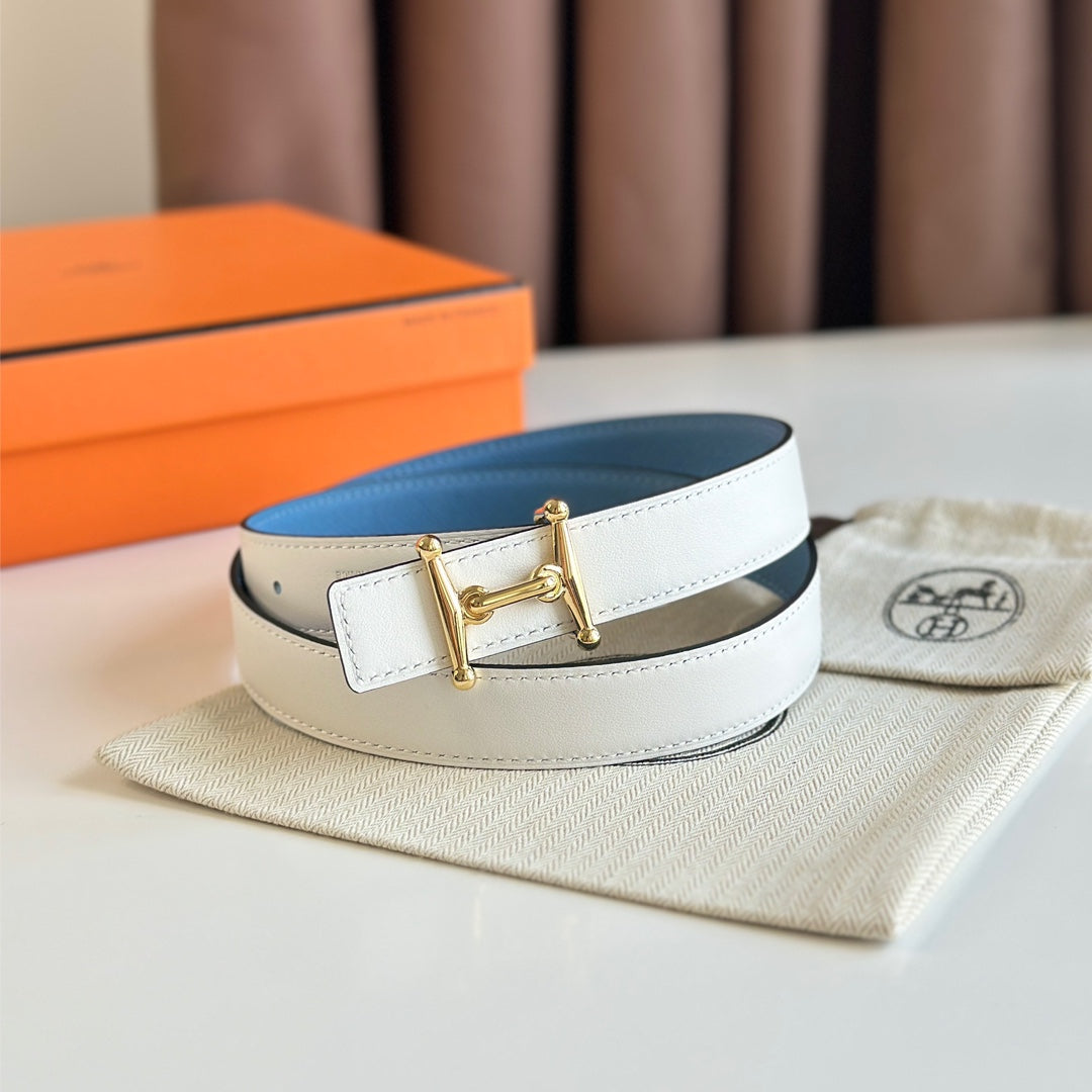 HELENE MORS H WENDBARER LEDERGÜRTEL — BLAU &amp; WEISS (GOLD-BESCHLÄGE, 24 MM)