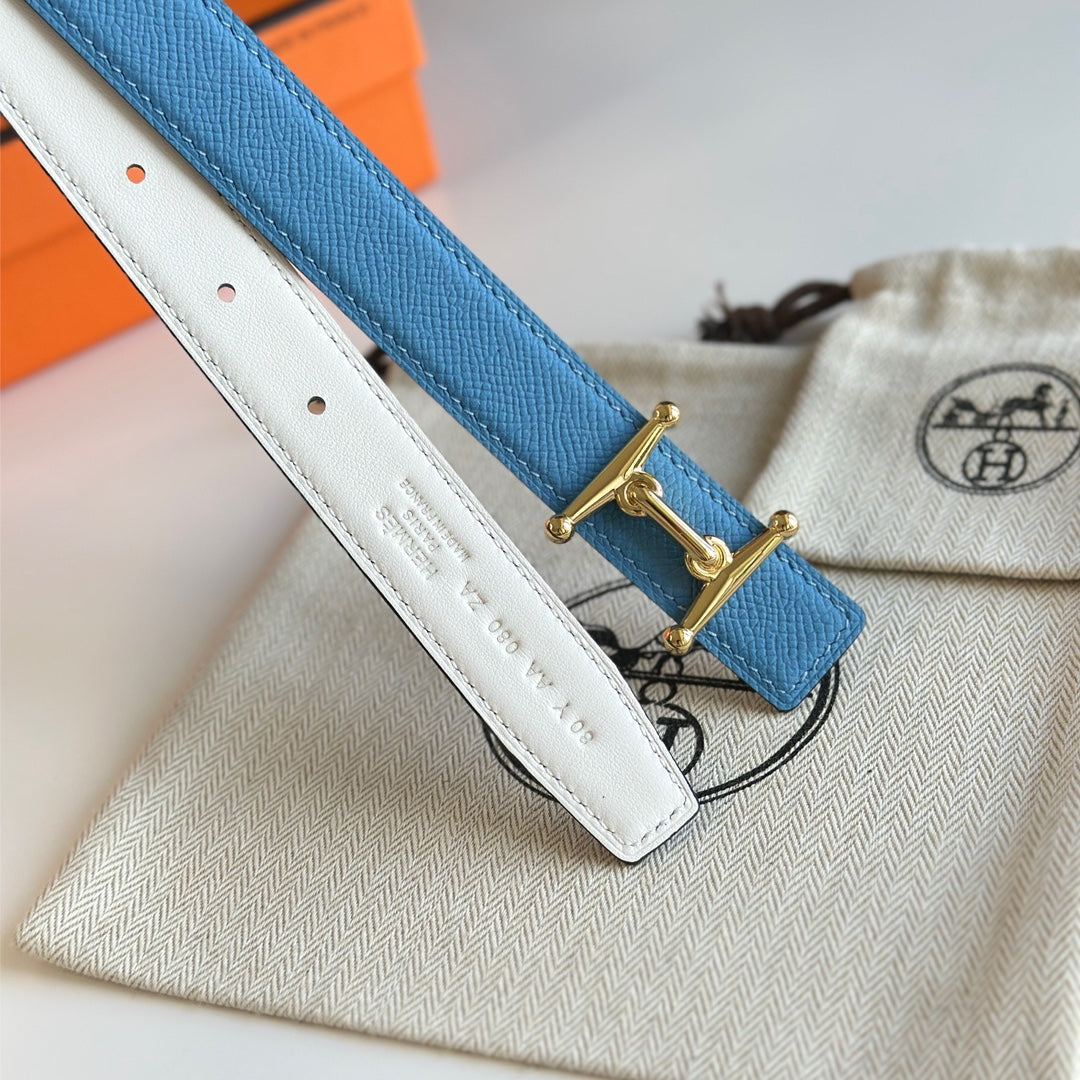 HELENE MORS H WENDBARER LEDERGÜRTEL — BLAU & WEISS (GOLD-BESCHLÄGE, 24 MM)