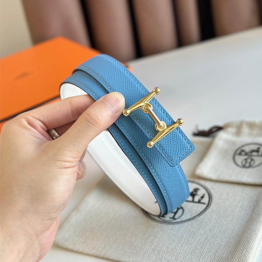 HELENE MORS H WENDBARER LEDERGÜRTEL — BLAU &amp; WEISS (GOLD-BESCHLÄGE, 24 MM)