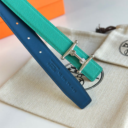 HELENE MORS H WENDBARER LEDERGÜRTEL — BLAU &amp; GRÜN (SILBERNE BESCHLÄGE, 24 MM)