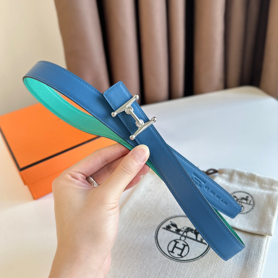 HELENE MORS H WENDBARER LEDERGÜRTEL — BLAU &amp; GRÜN (SILBERNE BESCHLÄGE, 24 MM)