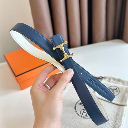 HELENE MORS H WENDBARER LEDERGÜRTEL — BLAU &amp; BEIGE (GOLD-BESCHLÄGE, 24 MM)