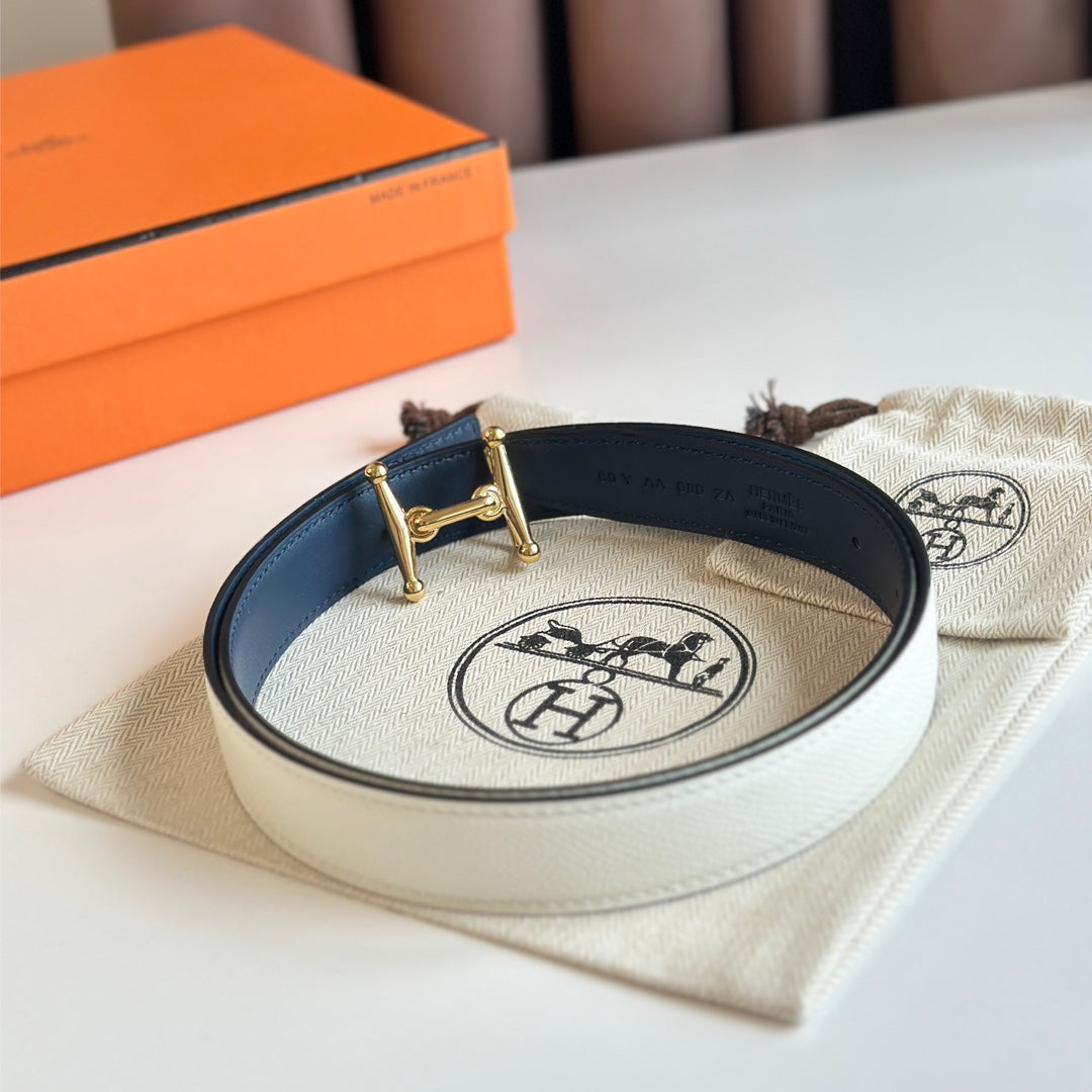 HELENE MORS H WENDBARER LEDERGÜRTEL — BLAU &amp; BEIGE (GOLD-BESCHLÄGE, 24 MM)