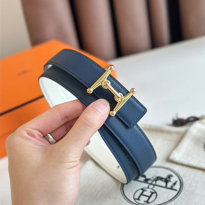 HELENE MORS H WENDBARER LEDERGÜRTEL — BLAU &amp; BEIGE (GOLD-BESCHLÄGE, 24 MM)