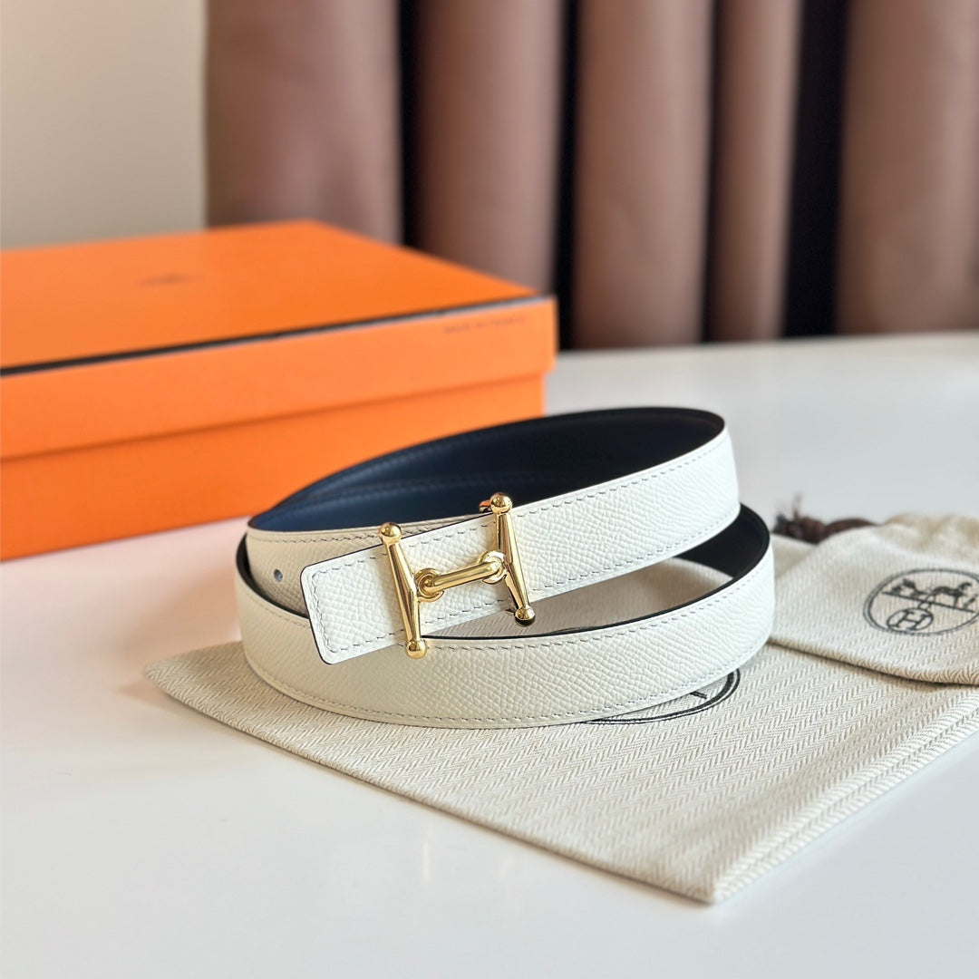 HELENE MORS H WENDBARER LEDERGÜRTEL — BLAU &amp; BEIGE (GOLD-BESCHLÄGE, 24 MM)