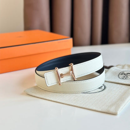 HELENE MORS H WENDBARER LEDERGÜRTEL — BLAU &amp; BEIGE (ROSA-GOLD BESCHLÄGE, 24 MM)