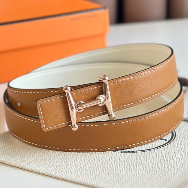 HELENE MORS H WENDBARER LEDERGÜRTEL — BRAUN &amp; WEISS (ROSA-GOLD BESCHLÄGE, 24 MM)