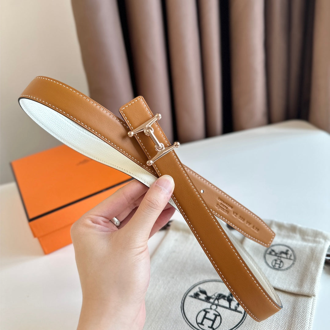 HELENE MORS H WENDBARER LEDERGÜRTEL — BRAUN &amp; WEISS (ROSA-GOLD BESCHLÄGE, 24 MM)