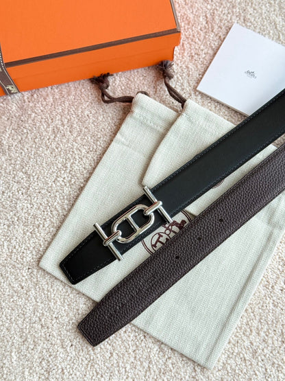 HELENE ANCRE LEATHER BELT — BLACK & CHOCOLATE (SILVER HARDWARE, 32MM)