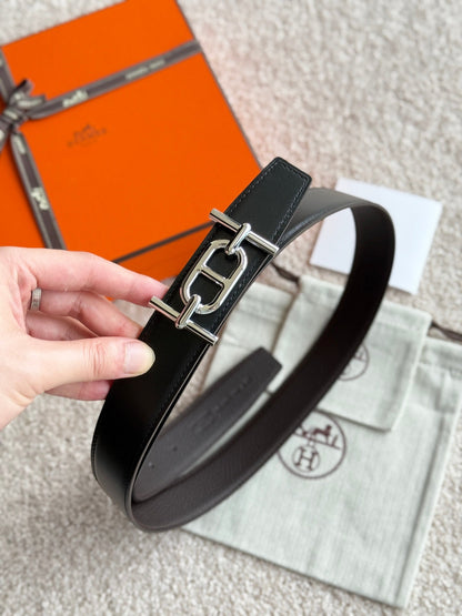 HELENE ANCRE LEATHER BELT — BLACK & CHOCOLATE (SILVER HARDWARE, 32MM)