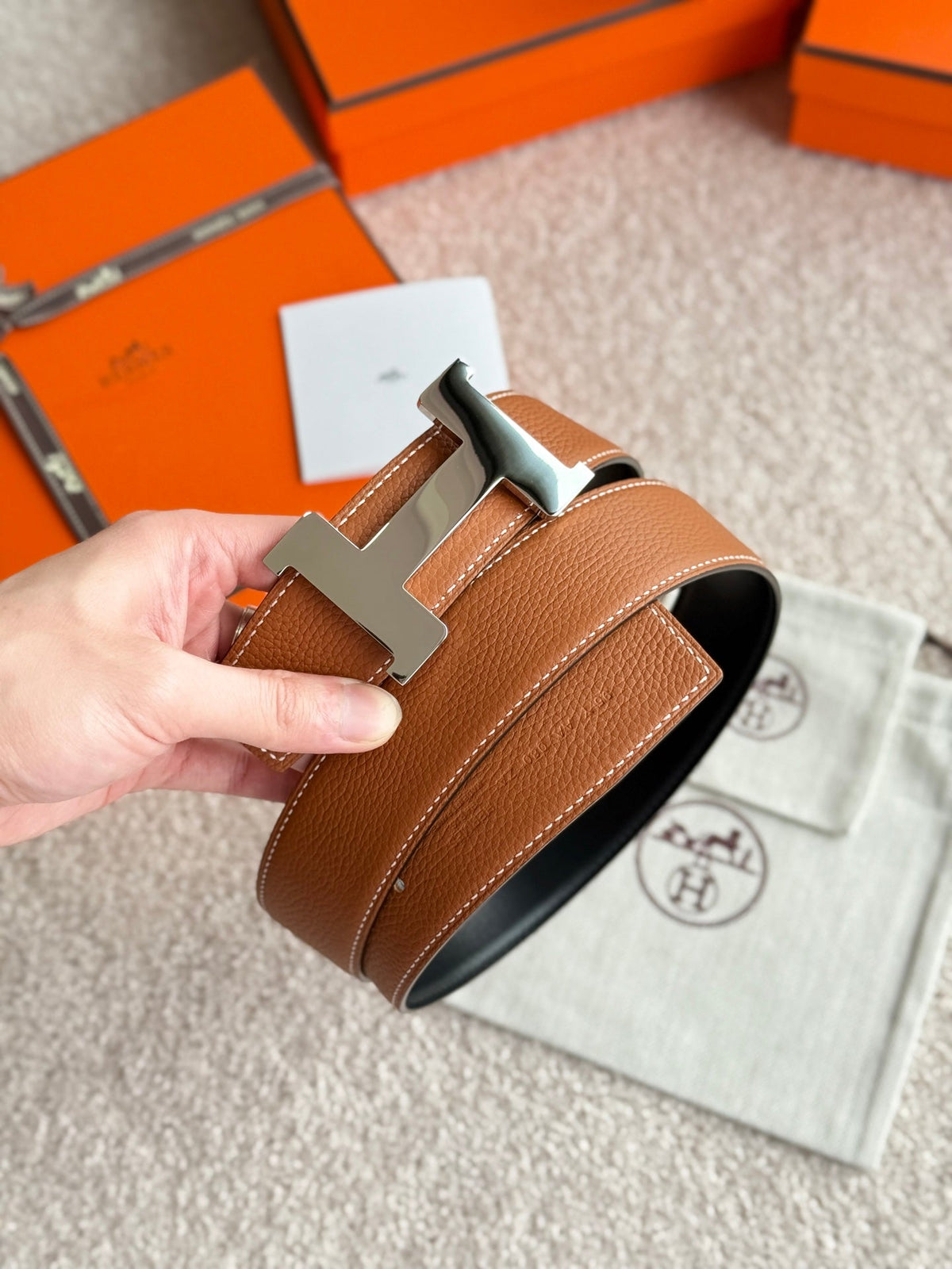 HELENE CONSTANCE REVERSIBLE LEATHER BELT — BROWN & BLACK (SILVER HARDWARE, 38MM)