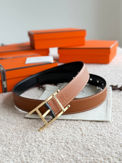 HELENE QUENTIN WENDBARER LEDERGÜRTEL — SCHWARZ &amp; BRAUN (GOLD-BESCHLÄGE, 32 MM)