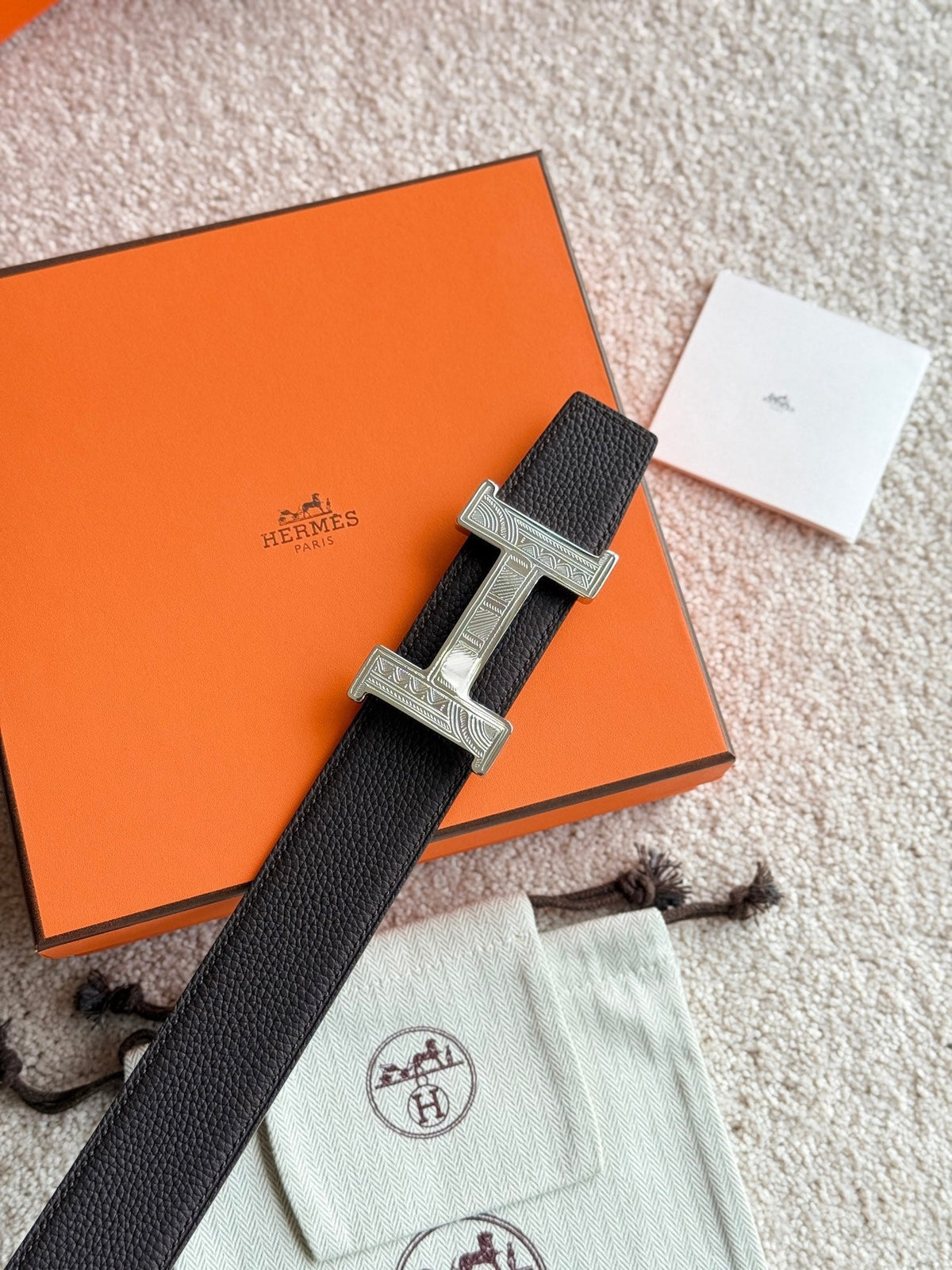 HELENE CONSTANCE TOUAREG LEATHER BELT — BLACK & EBONY (SILVER HARDWARE, 38MM)