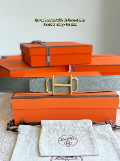 HELENE ROYAL LEDERGÜRTEL — GRAU &amp; BRAUN (GOLD-BESCHLÄGE, 32 MM)