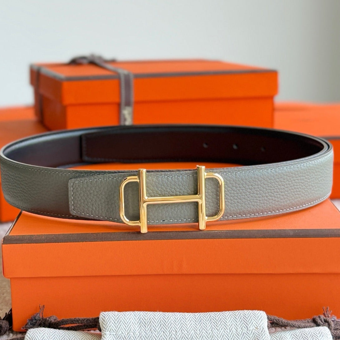 HELENE ROYAL LEDERGÜRTEL — GRAU &amp; BRAUN (GOLD-BESCHLÄGE, 32 MM)