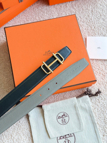 HELENE ROYAL LEDERGÜRTEL — GRAU &amp; BRAUN (GOLD-BESCHLÄGE, 32 MM)