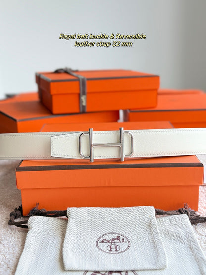 HELENE ROYAL LEDERGÜRTEL — ELFENBEIN (SILBERNE BESCHLÄGE, 32 MM)