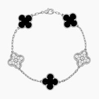 Armband mit Kleeblattmotiv, 5 Onyx- und Diamanten, Silber