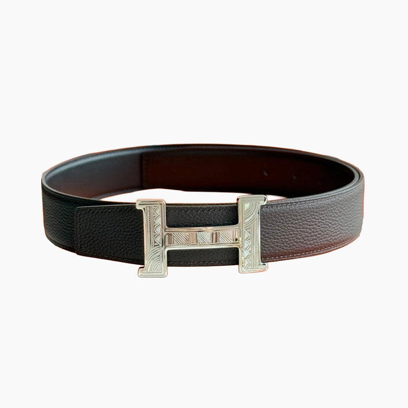 HELENE CONSTANCE TOUAREG LEATHER BELT — BLACK & EBONY (SILVER HARDWARE, 38MM)