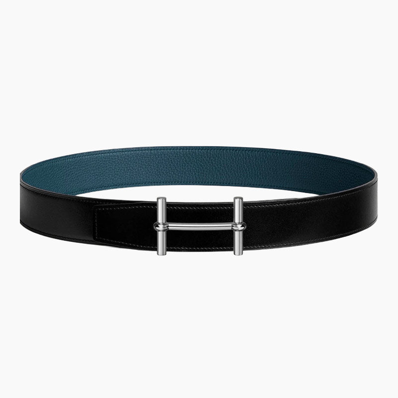 HELENE H D’ANCRE REVERSIBLE LEATHER BELT — PRUSSIAN BLUE & BLACK (SILVER HARDWARE, 38MM)