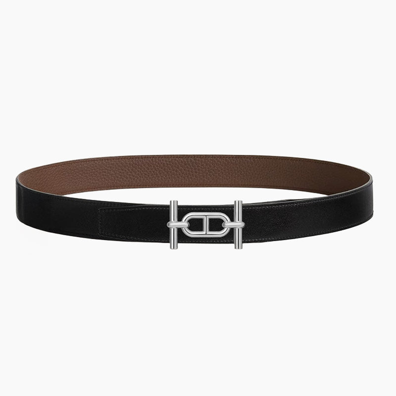 HELENE ANCRE LEATHER BELT — BLACK & CHOCOLATE (SILVER HARDWARE, 32MM)